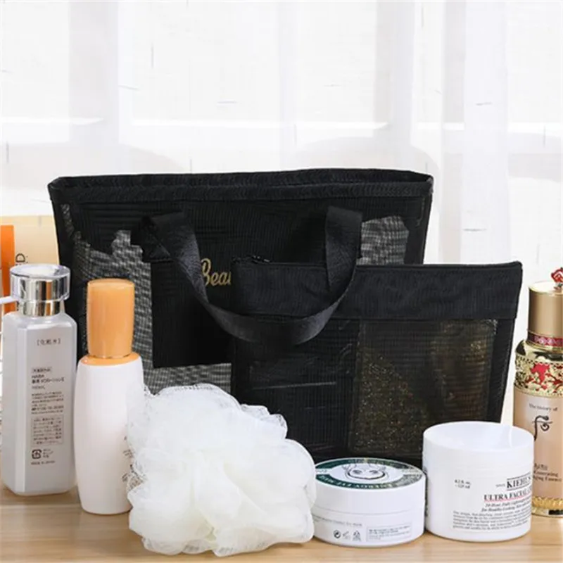 2pcs/set Chic Large Capacity Mesh Wash Bag Portable Travel Cosmetics Storage Bag Outdoor Beach Bath Tote Bag with Clutches Pouch
