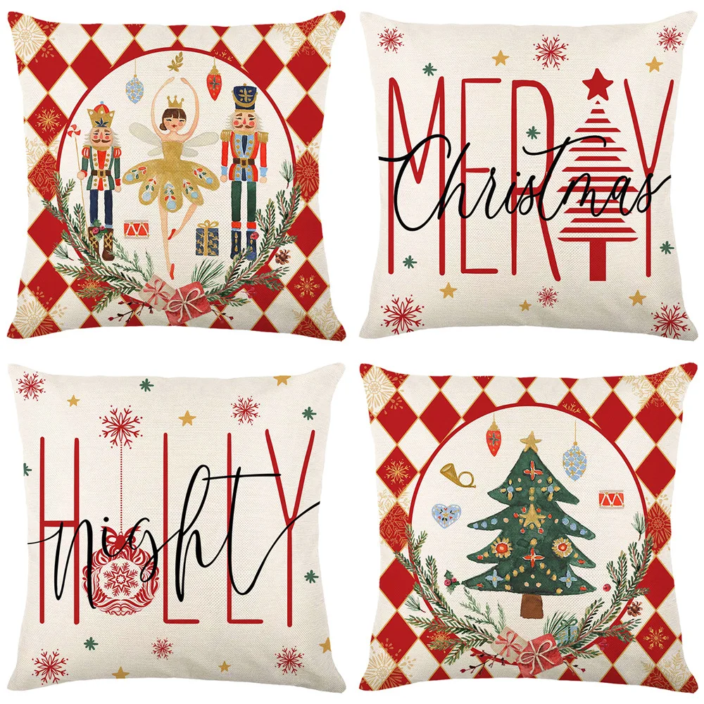 

45cm Christmas Linen Pillow Cover Christmas Nutcracker Xmas Tree Red Pillow Case Merry Christmas Decor For Home 2024 Noel Decor