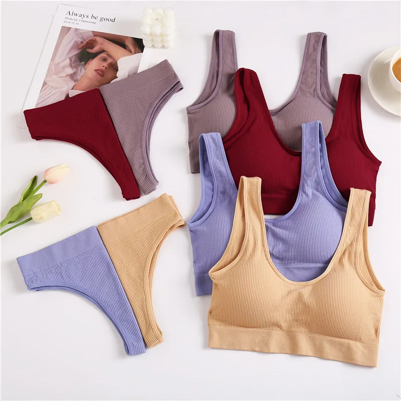 2PCS/Set Underwear Women Seamless Bra Wireless Bralette Lingerie Sexy High Waisted Panties Cotton Woman Lingerie_voghion.com