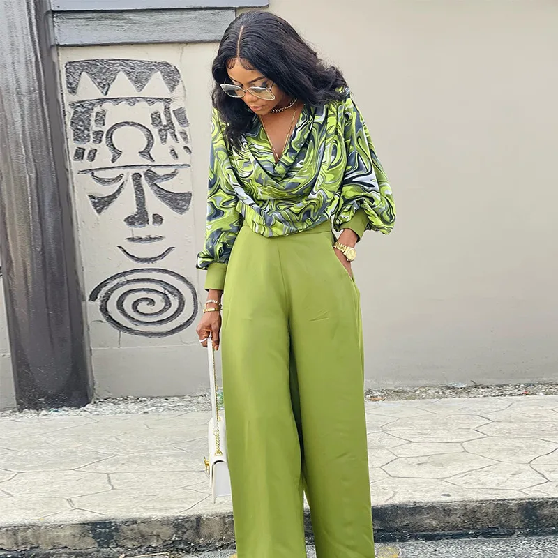 Spring new printed lantern sleeve shirt wide leg trousers leisure set ladies spring summer leisure commute wide leg two-piece
