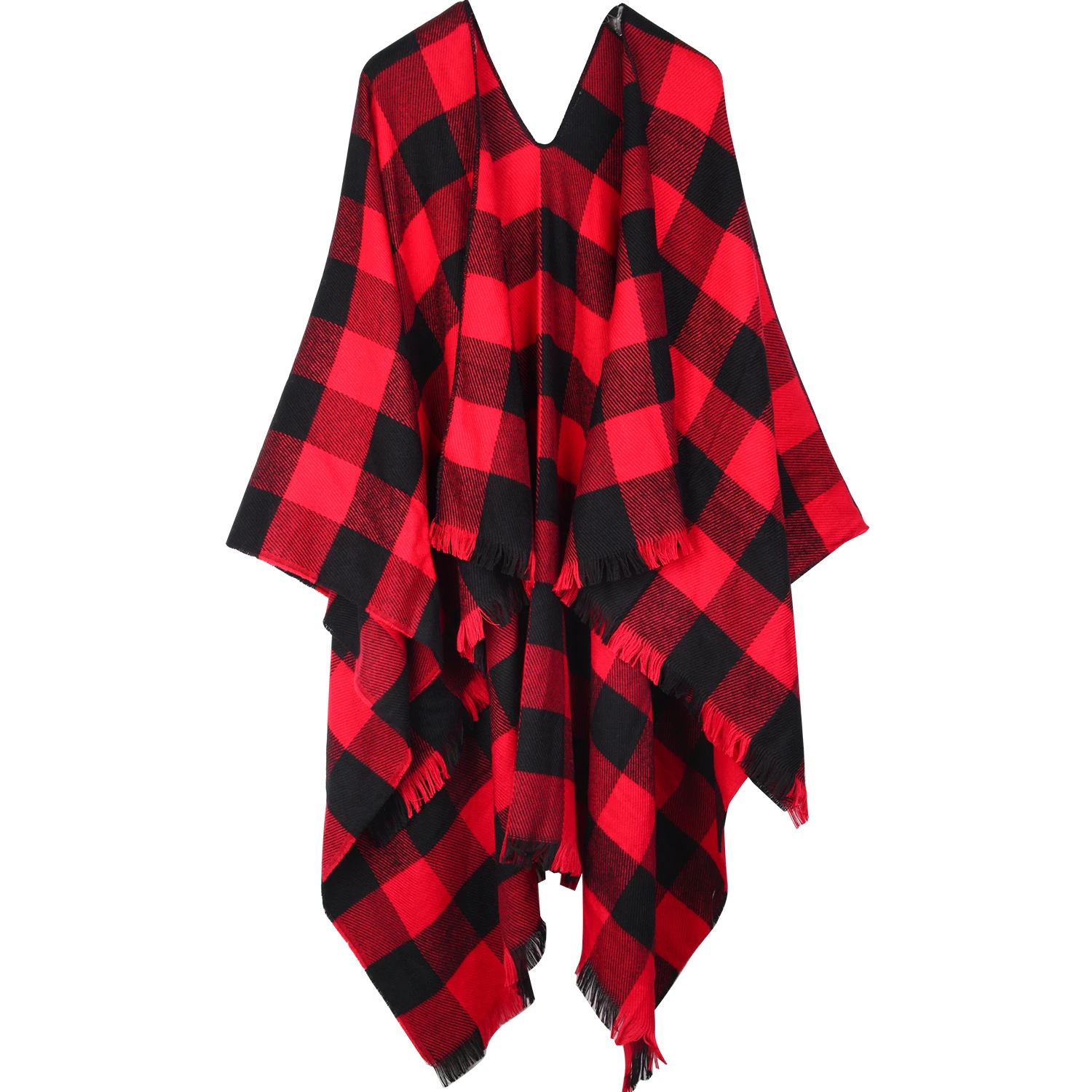 Spring Poncho for Women Warm Scarf Thicken Pashmina Shawls and Wraps Tassel Wearable Poncho Capes Red and black check
