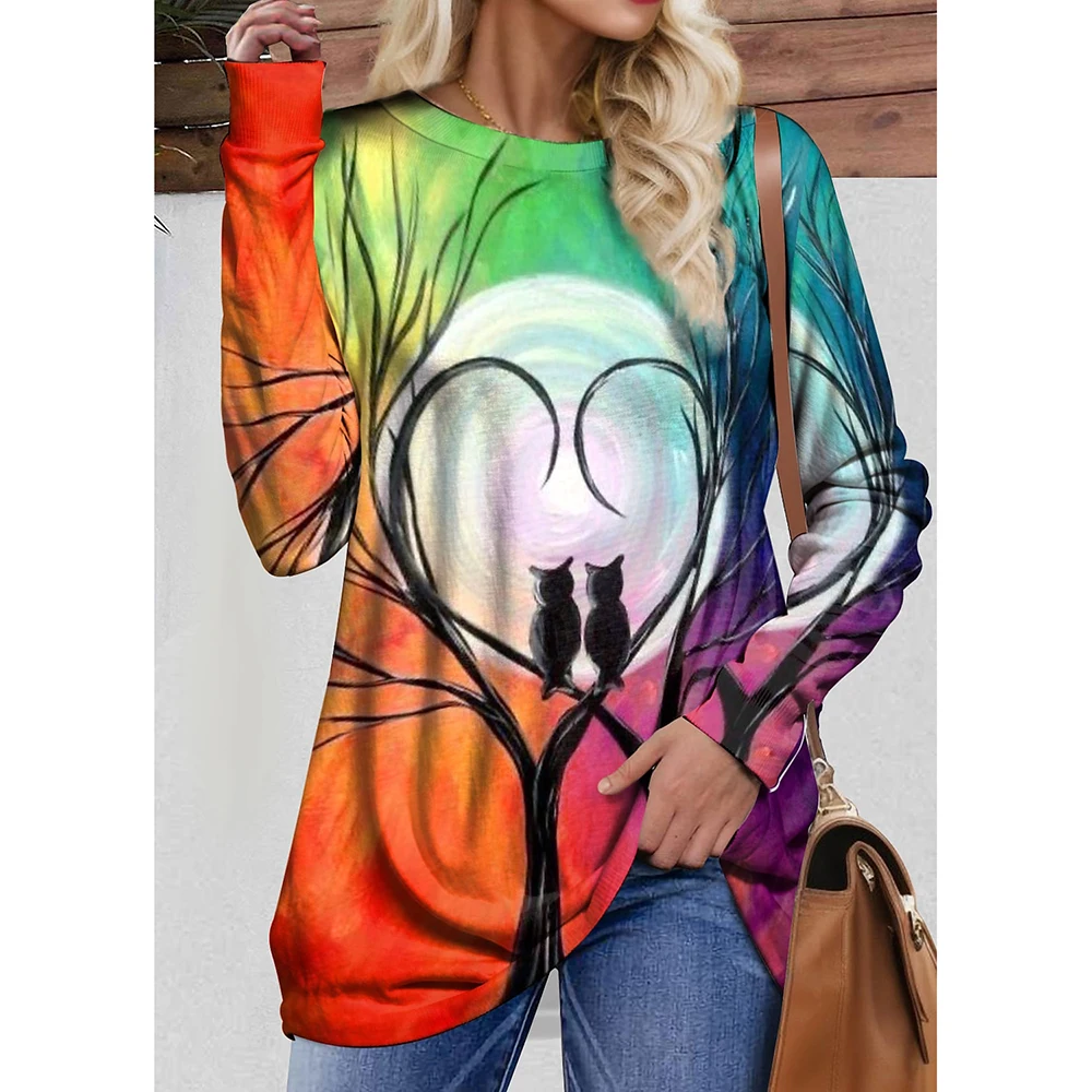 

2023 Fashion Woman T Shirt 3d Colorful Gradient Print O-Neck Long Sleeve Tees Tops Female T-Shirts Oversized Y2k Ladies Clothing