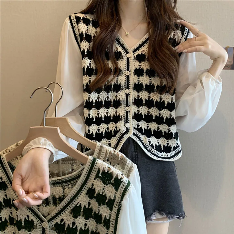 Boring Honey Hollow Out Crochet Long Sleeve Clothes For Women Chiffon Sleeve Splicing Fashion Women Blouses Single-Breasted Tops