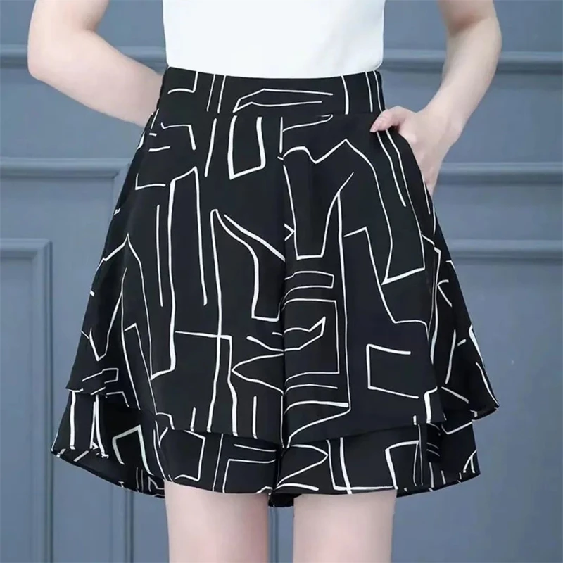 Women Korean Fashion Print High Waist Elegant Wide Leg Short Pants Summer Female Casual Loose Pocket Irregular Shorts Ropa Mujer