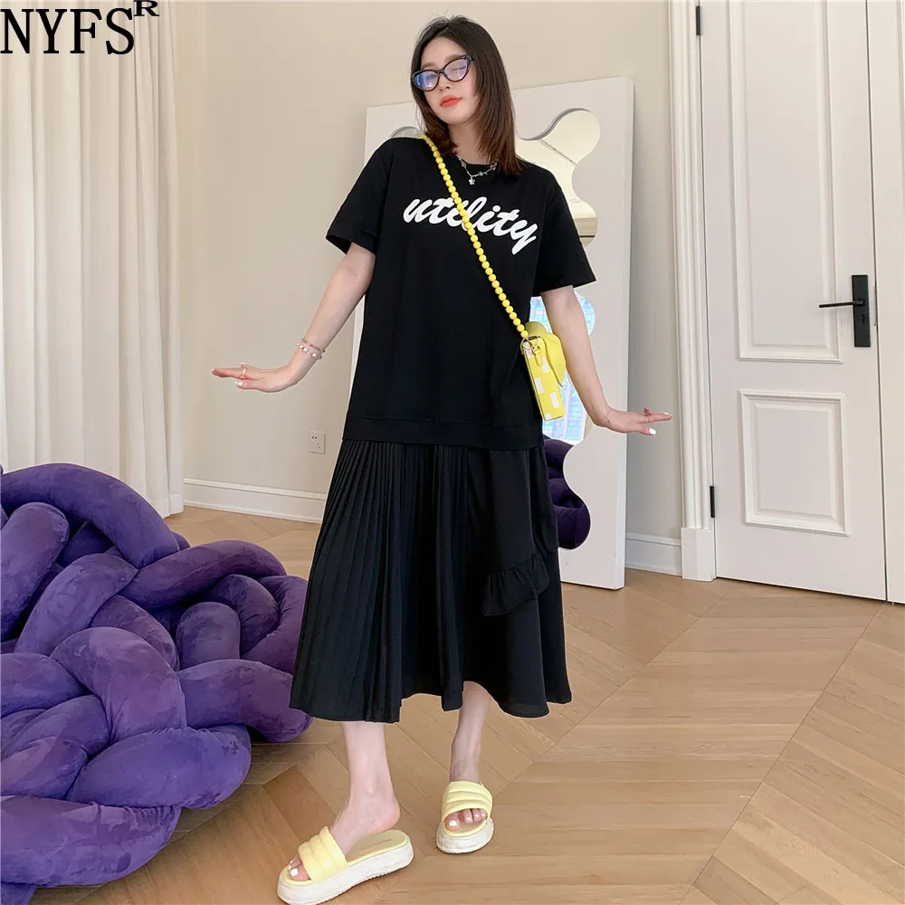 

NYFS 2022 Summer Korea New Woman Dress Vestidos Robe Elbise Plus Size Cotton Letter Print Patchwork Pleated Swing Long Dress