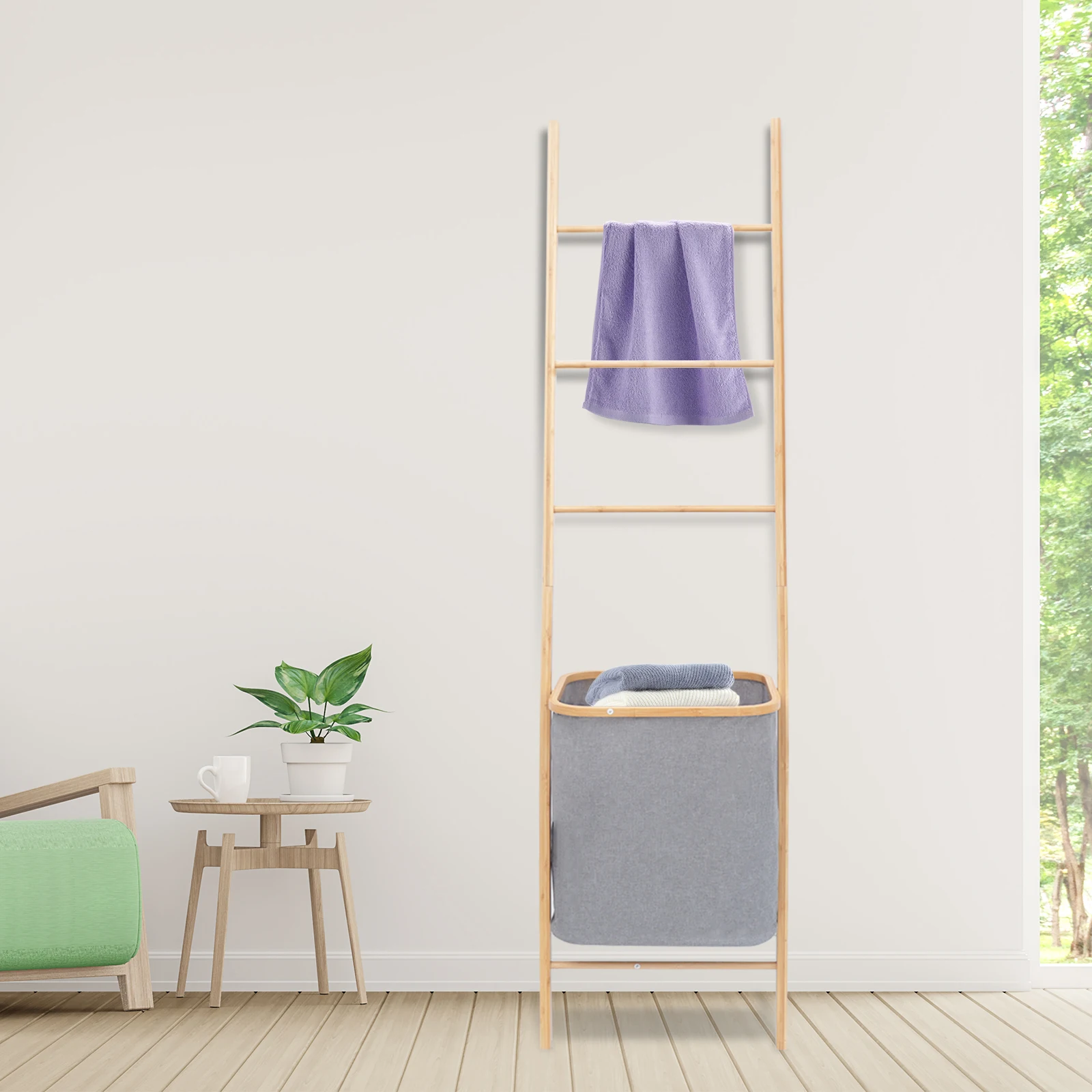 1.8m Wall-leaning Towel Hanging Shelf Ladder Rack Clothes Storage Hamper Basket