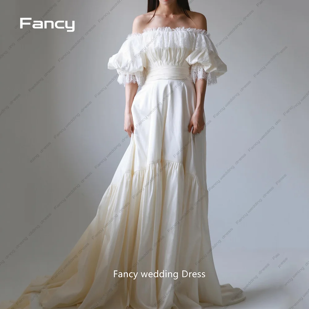 

Fancy Luxury Lace Strapless Off The Shoulder Half Sleeve A Line Evening Dress Floor Length Sweep Train Prom Gown New 프롬드레스