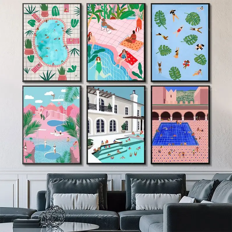 

Pool Party Beach Abstract DIY Sticky Poster Decoracion Painting Wall Art White Kraft Paper Decor Art Wall Stickers