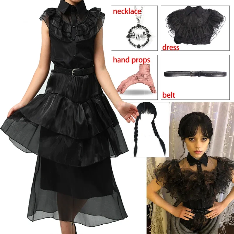 

Wednesday Addam Costume Girl Wednesday Dresse Cosplay Thing Hand Uniform Wig Suit Halloween for Women Adult Children Party Dress