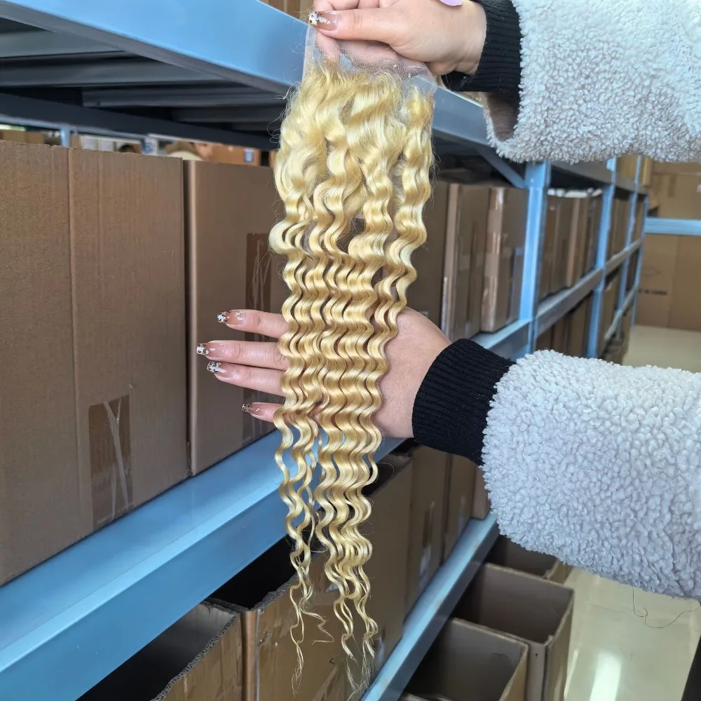 Deep Wave Human Hair Lace Closure 4x4 10-20 Inch 150% Density Honey Blonde 613 Brazilian Virgin Hair