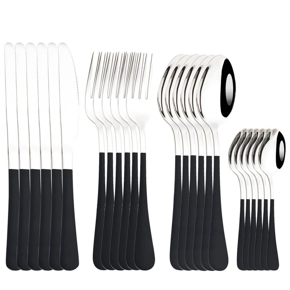 

Zoseil 24pcs Black Silver Cutlery Stainless Steel Dinnerware Mirror Knife Fork Tea Spoon Tableware Kitchen Dinner Silverware