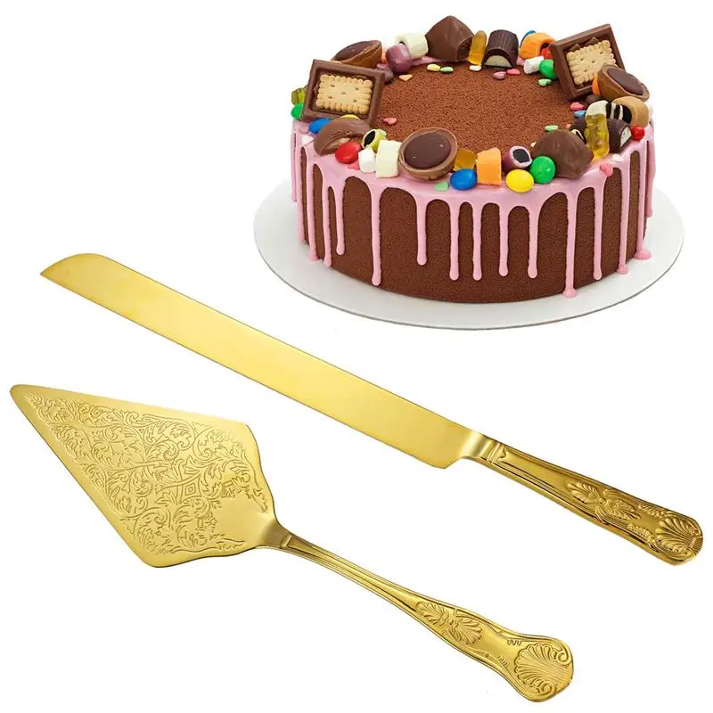 2Pcs Gold Cutlery Stainless Steel Cake Knife Long Handle Shovel Luxury