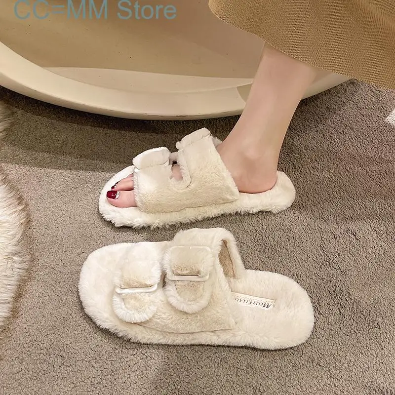 Winter Fashion Women Buckle Fluffy Slipper Casual  Platform Home Outside Soft Artificial Fur Slides Shoe New