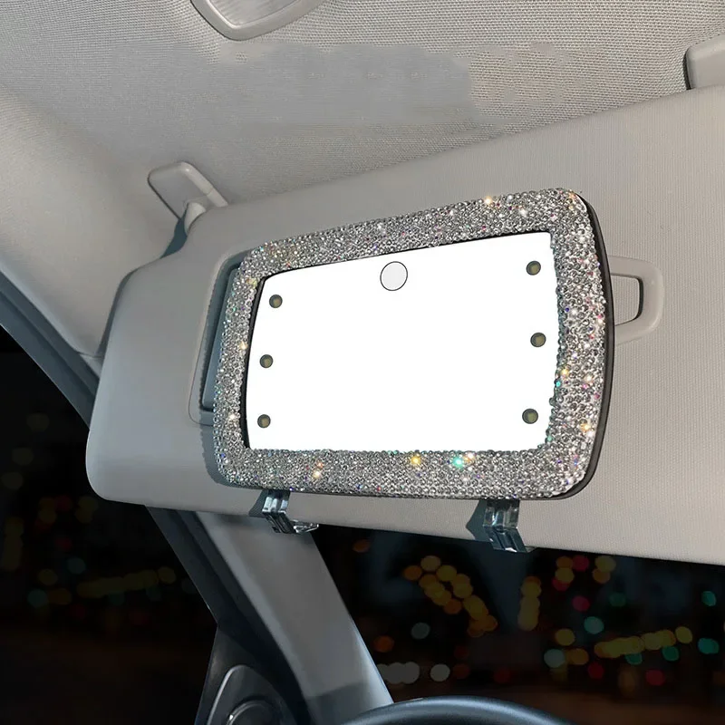 Diamond Crystal Car Interior Mirror Sun Visor Makeup Mirror Auto Combing Make-up HD Bling Car Accessories for Women