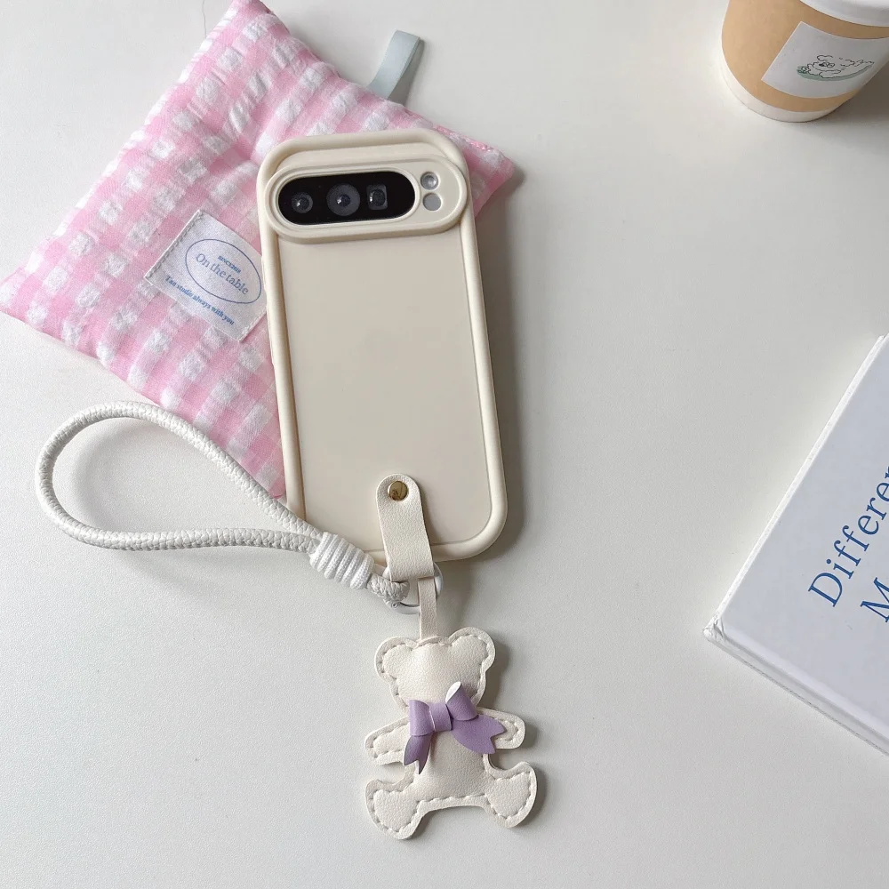 Cute Bear Lanyard Soft Matte Case with Bowknot Hand Wrist Strap - Pure Color Cover