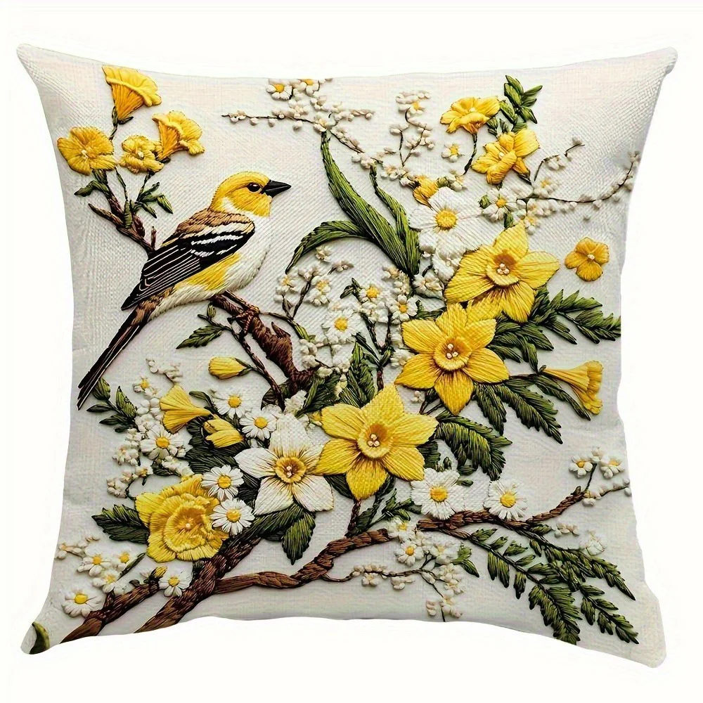 Yellow Bird Blossom Branch pillow cover