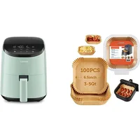 Small Air Fryer Oven 2.1 Qt, 4-in-1 Mini Airfryer, Roast, Reheat, Low-noise & 100 PCS Square Disposable Paper Liners, Non-Stick 1