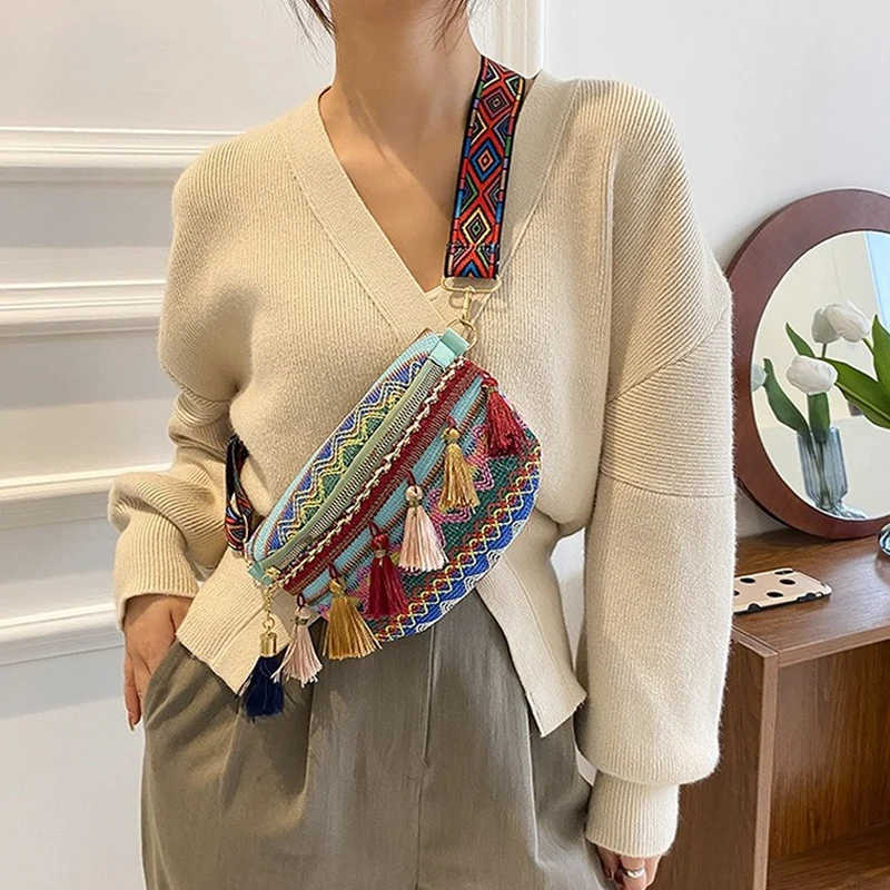Waist Bag Women Folk Style Waist Bags Adjustable Strap Fanny Pack Fringe Decor Pochete Feminina Ri&ntilde;onera Belt