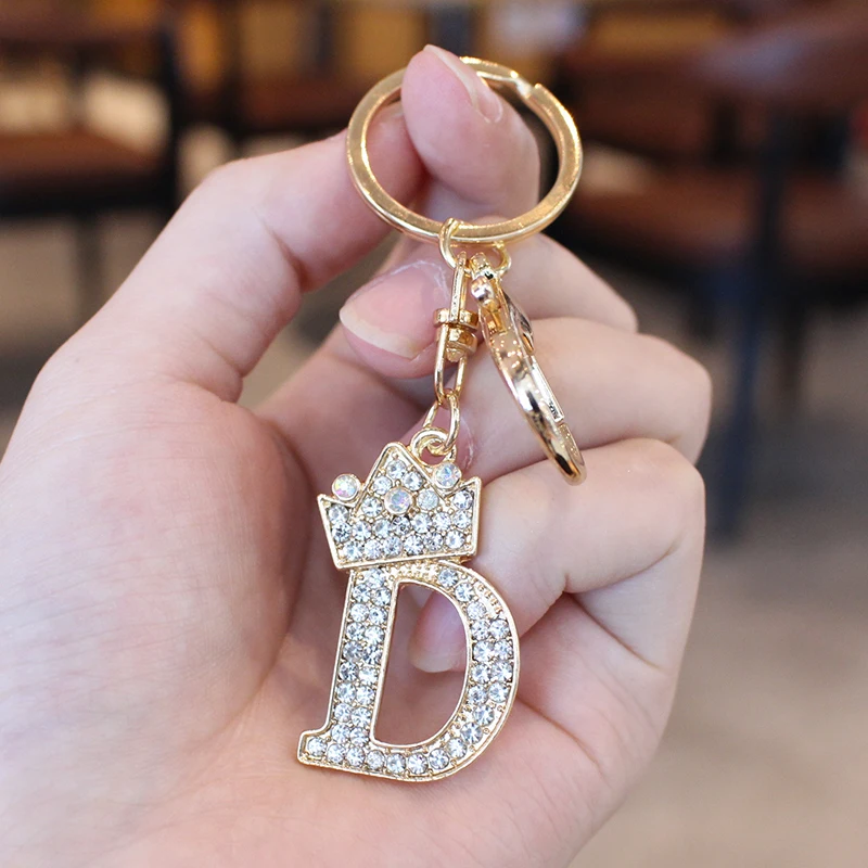 26 Initial Letter Rhinestone Keychain For Women Charm Crystal Crown Gold Plated Key Ring Bag Car Key Chains DIY Accessoreis
