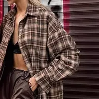 Chemise à carreaux décontractée pour femme, ample, boutons à revers, manteau à manches longues, confortable, Vintage, kaki, hauts féminins, Streetwear, automne hiver 4