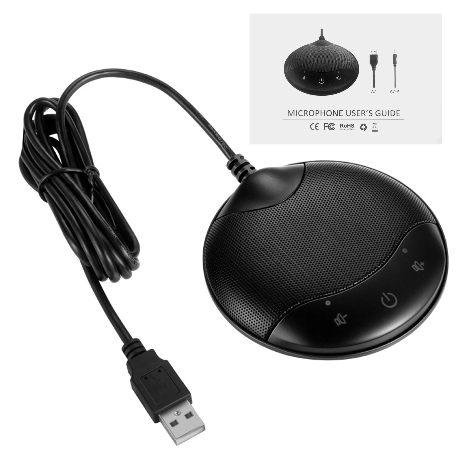 휴대용 USB 회의 마이크, 무지향성 콘덴서 마이크, 음소거 및 볼륨 조절 기능, 노이즈 캔슬링, 360 °