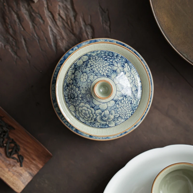 Antique Flowers Ceramic Opening Gaiwan For Tea Blue Tureen Teaware Set Chinese Tea Bowl Chawan Lily Deng's Store Cup