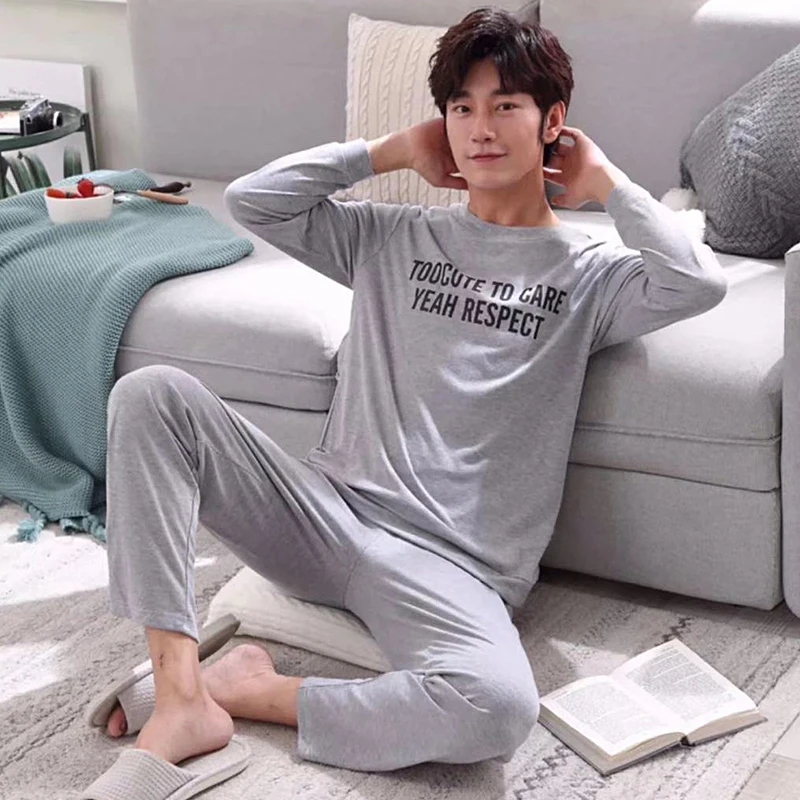 M-2XL 8Colors Stripe Lattice Letter Print Men Top Pants Nightwear Set Soft O-neck Long Sleeve Sleeping Resting Home Party Pajama
