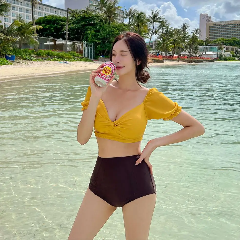 

Korean New 2023 Bikini Sexy Slim Size Chest Gathered High Waist Covering Belly Fashion Strap Split Women's Swimwear