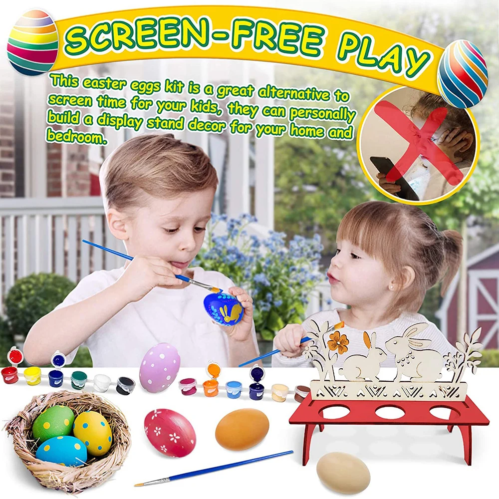 5pcs Wooden Easter Eggs+12 Colors +2 Paintbrushes DIY Graffiti Egg Set For Children's Painting Toy Home Decoration