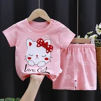Vêtements imprimés de dessins animés, vêtements de maison en pur coton, costumes 2 pièces pour tout-petits, mode, survêtements mignons et décontractés, T-shirt + short contrasté 2