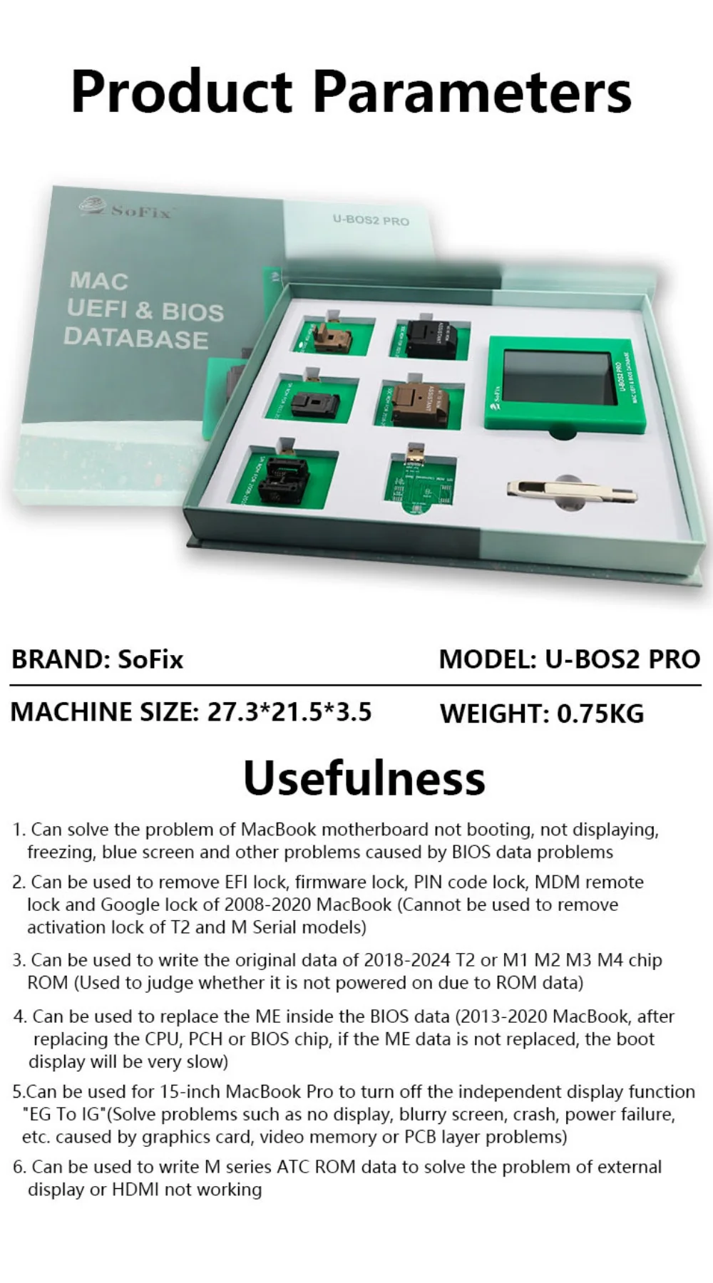 Sofix U-BOS2 Pro UEFI & BIOS 데이터베이스 프로그래머 (Mac, Macbook, iMac Pro, Air 2008-2024년형) 읽기-쓰기 백업 수리 도구