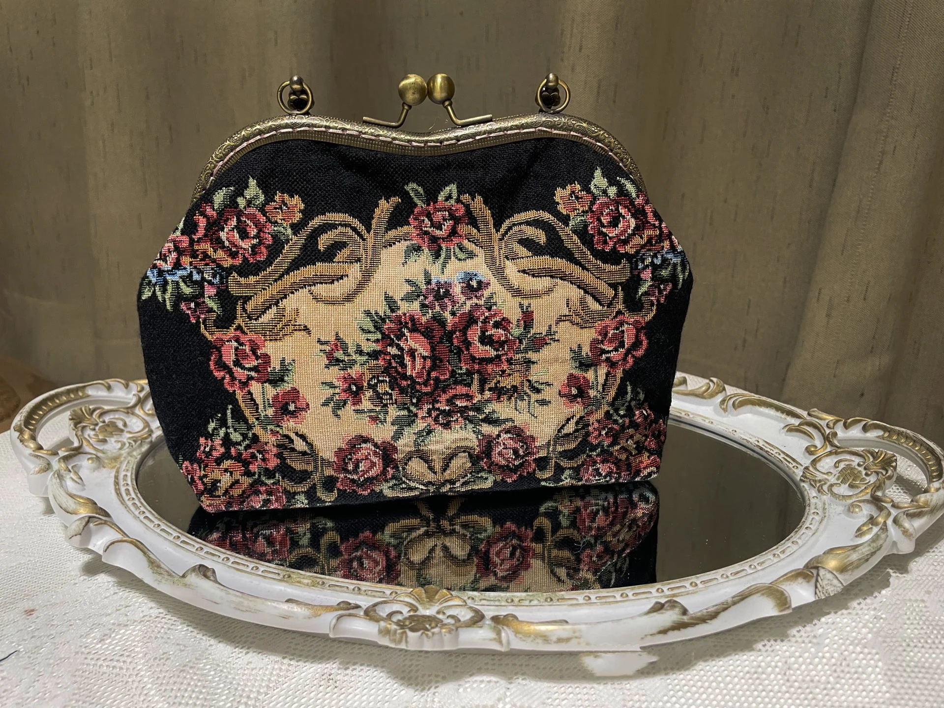 Vintage Austrian Petit Point Evening Bag, Petit Point Kiss