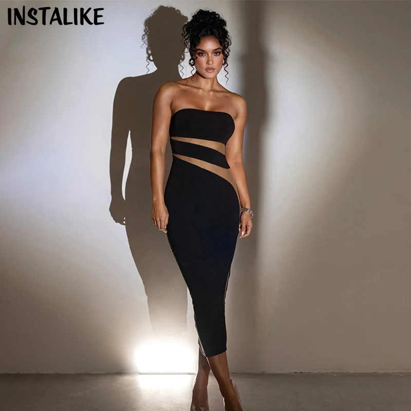 

InstaLike Mesh Patchwork Midi Tube Dress Sleeveless Women Bodycon Backless Sexy Hot Girl Elegant Pretty Clubwear Fashion Dresses