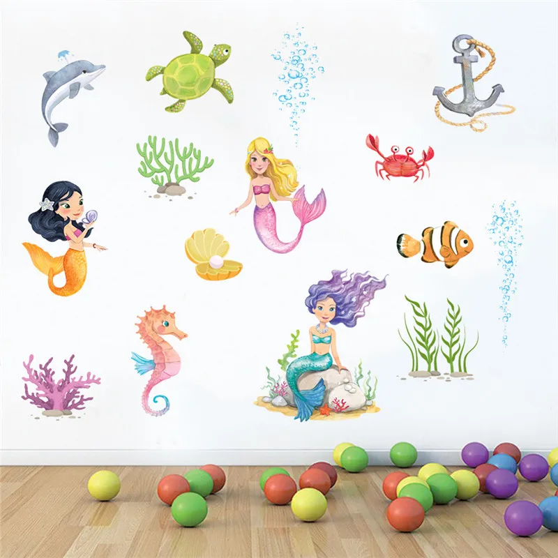 Мультяшные наклейки на стену русалка для детской комнаты домашний декор детская