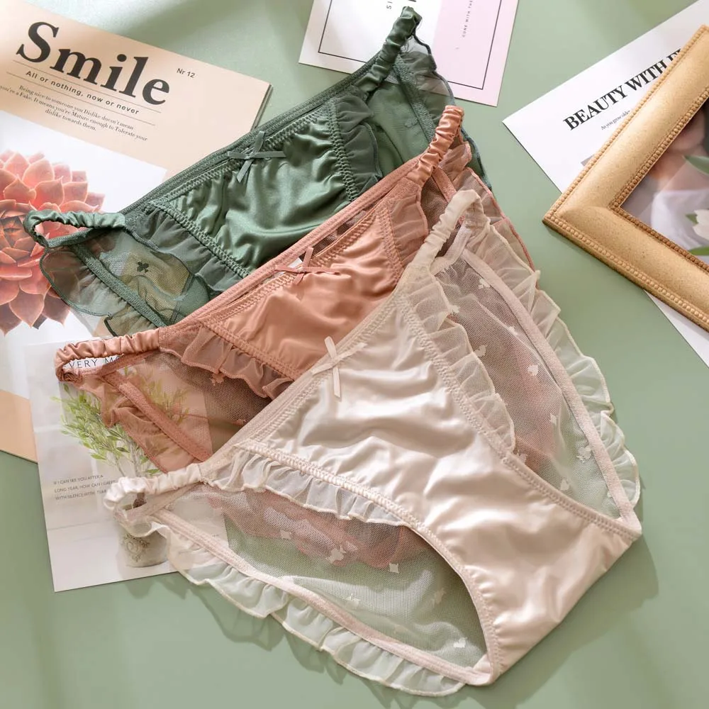 

Underpants Seamless Lace Auricularia Edge Solid Color Low-waist Bow Bandage Thong Sexy Briefs Mesh Panties