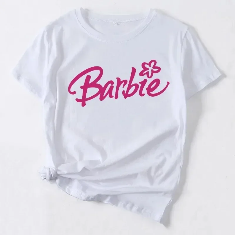 Barbie Cartoon T-Shirt Women Letter Top Crew Neck Print Summer Short Sleeve Clothes Anime Kawaii Oversize Girls Tshirts 2