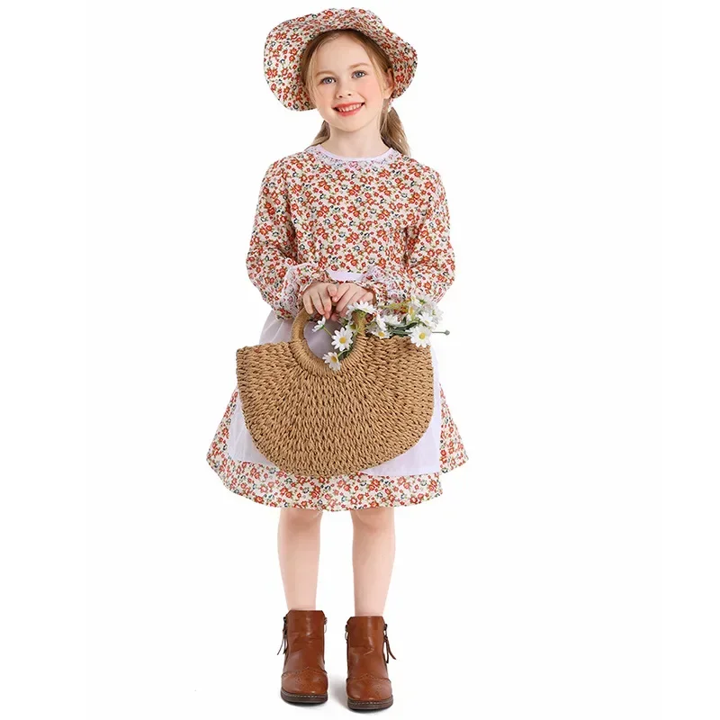 Floral Colonial Farm Village Girl Costume Pioneer Prairie Dress Bonnet Kids Girls Halloween Party Performance Costumes