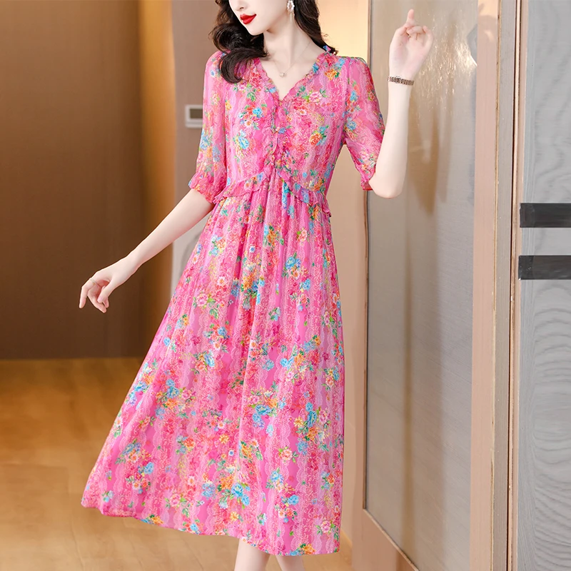 

Silk Dress Summer Women's Light Luxury Magnanimous Fashion Print Mulberry Silk V-Neck Dress 2024 Korean Elegant Beach Dress