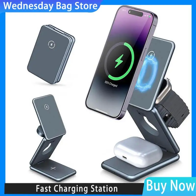 

3 In 1 Foldable 15W Magnetic Wireless Charger Stand For Apple Samsung Galaxy Watch IPhone 14 13 12 Pro Max Fast Charging Station