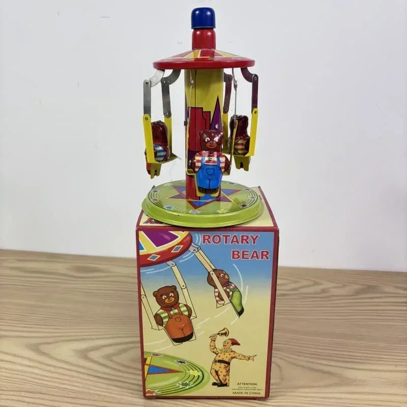 Three Headed Bear Carousel Clockwork Toy Adult Collection Retro Wind Up Toy Metal Tin Amusement Park Figures Model Vintage Gift