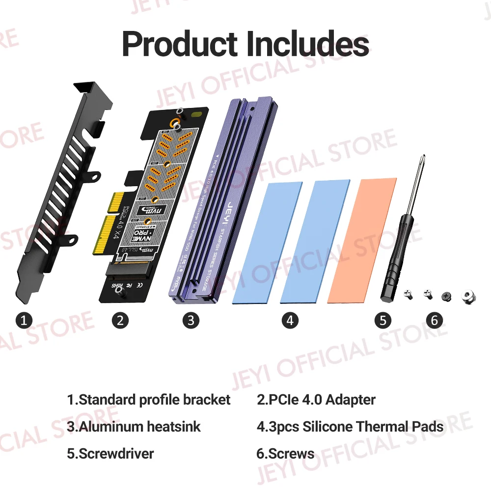 Jeyi-cartão de Expansão para Desktop M.2 Nvme para Pcie 4.0 3.0 Adaptador com Dissipador Ssd de Alumínio 64gbps Gen4 Pcie x1 x4 x8 X16 - Imagem 5