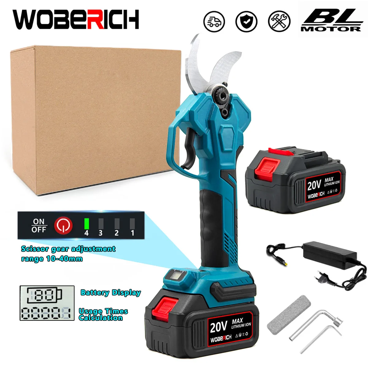 WOBERICH Brushless Cordless Pruner Shear 40cm 4 Gear Fruit Tree Bonsai Pruning Electric Branches Cutter Power Display For Makita 18V