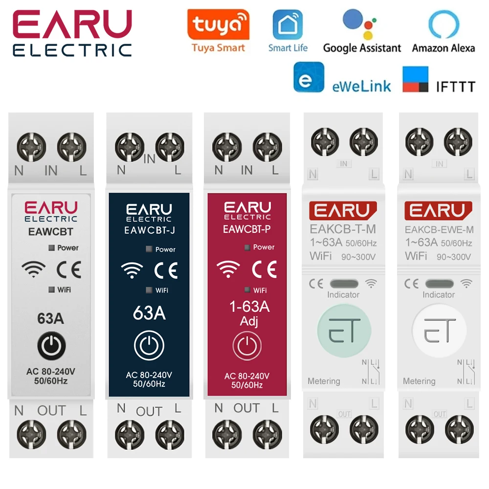 Tuya eWeLink WiFi 스마트 회로 차단기 MCB 1P + N 63A 타이머 릴레이 kWh 전압 전류 측정기 보호기 음성..