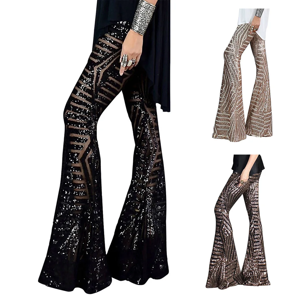 Sequin Casual Wide Pants Women's High Waist Loose Straight Flare