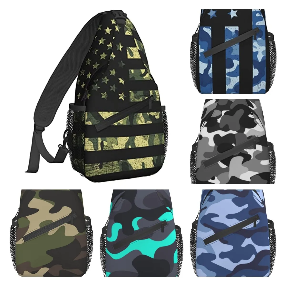 

American Flag with Camouflage Sling Backpack Chest Bag Crossbody Shoulder Bag Gym Cycling Travel Hiking Daypack for Men Women