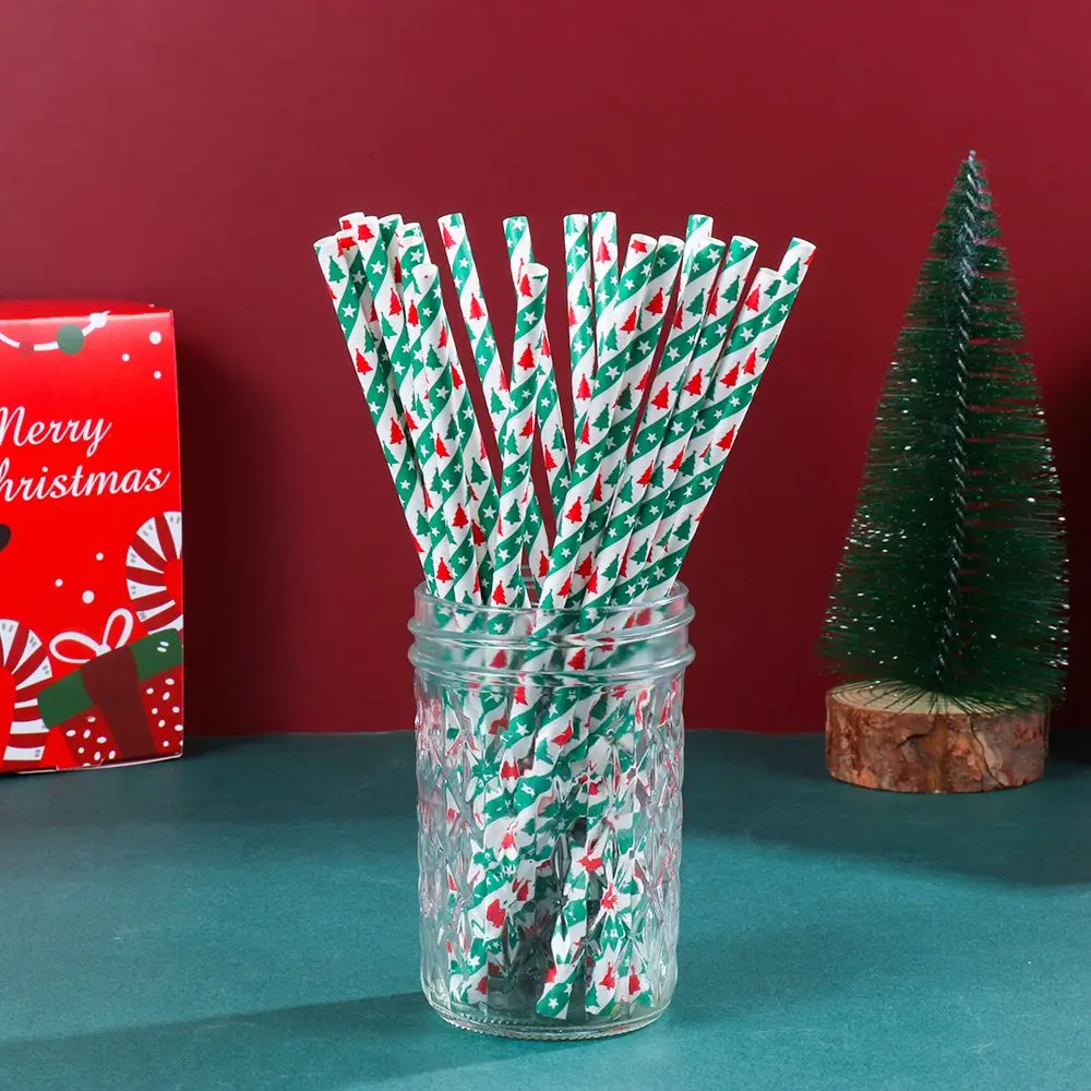 25Pcs New Table Decor Party Supplies Christmas Decorations Snowflake Drinking Straw Christmas Paper Straws Disposable