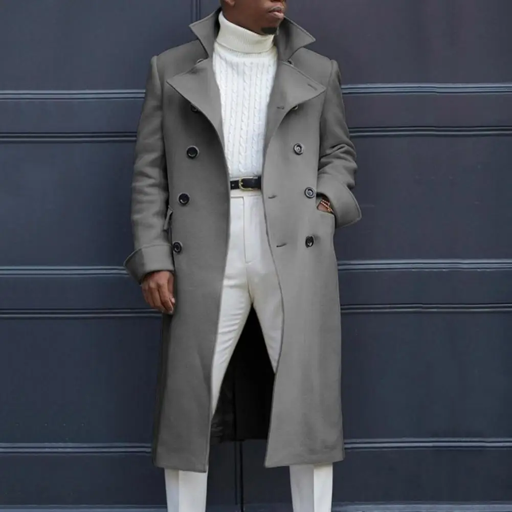 

Solid Color Coat Stylish Men's Double-breasted Trench Coat Mid Length Windproof Thick Versatile Jacket for Fall Winter Solid