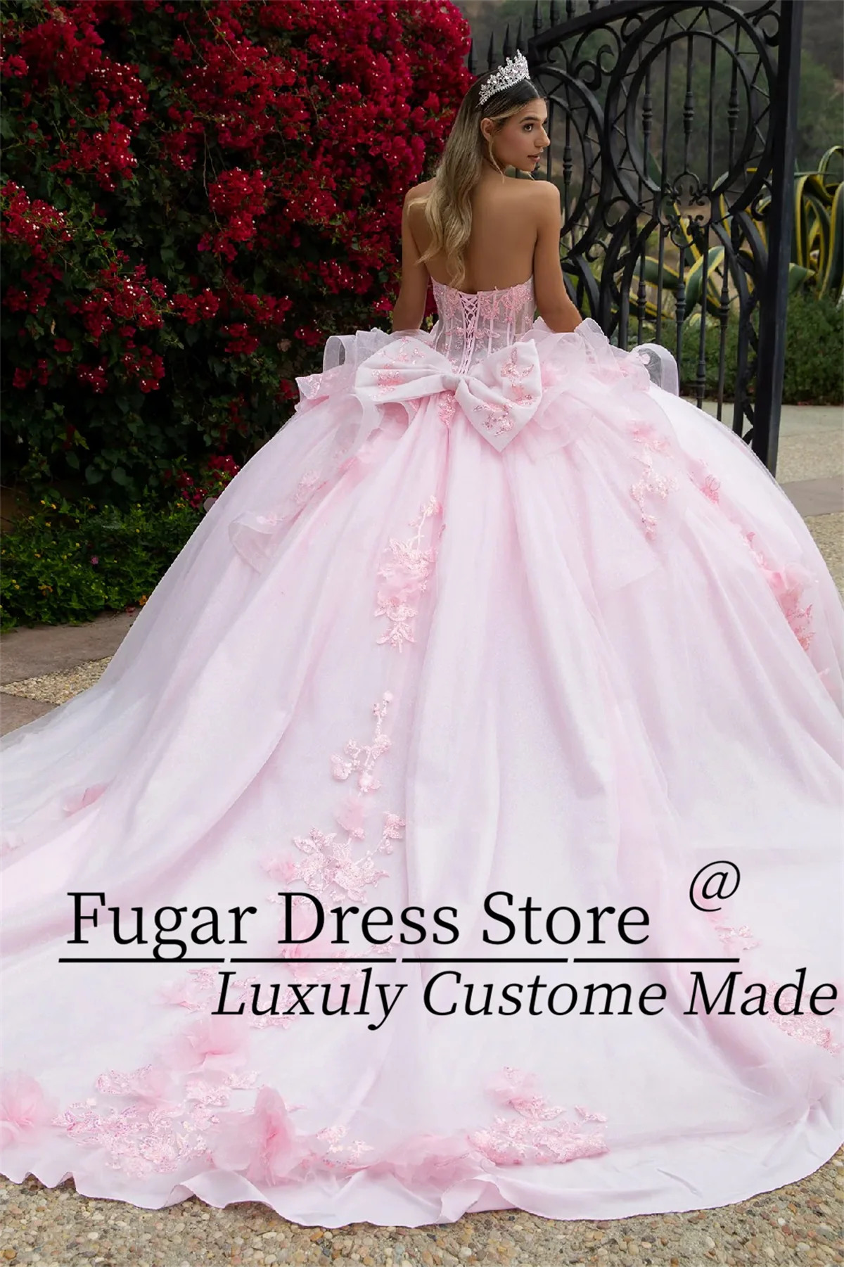 Pink Quinceanera Dresses Beads sequins applique long strapless corset skirt Train skirt with layered waistband