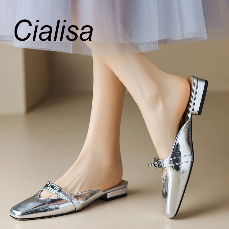 

Cialisa Mules Slippers Silver 2023 Summer Square Toe Women Shoes Genuine Leather Handmade Daily Flats Comfortable Lady Slipper