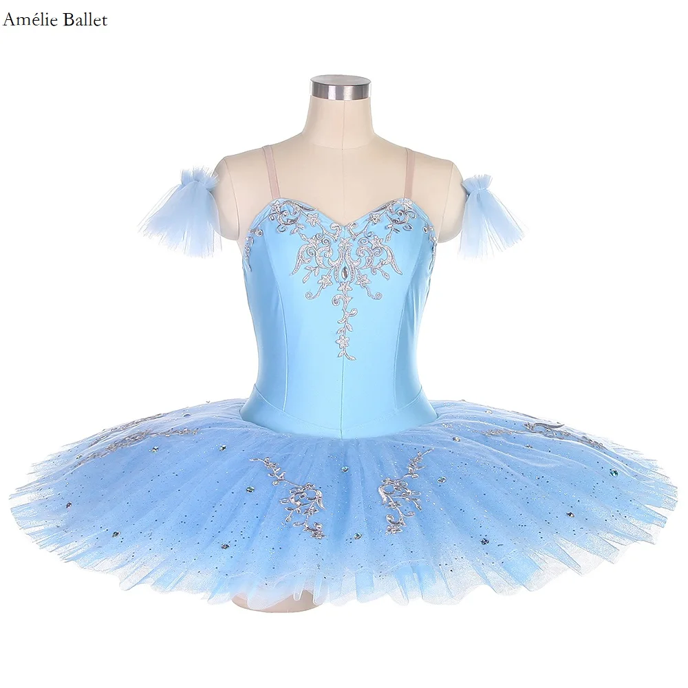 

BLL472 Adult Girls Camisole Ballet Leotard Sky Blue Spandex with Silver Sequin Trim Pre-professinal Ballet Pancake Tutu